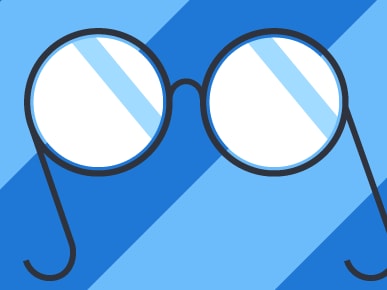 An illustration of round, thin black-framed glasses on a blue striped background resembling Medbridge's style.