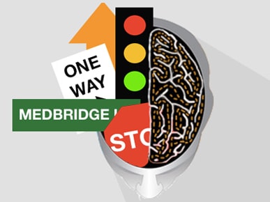 Illustration of a brain with overlapping traffic signs, such as a stop sign and traffic lights.