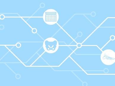 Abstract image on light blue with interconnected icons: person, calendar, face, handshake, and lines; related to medbridge.