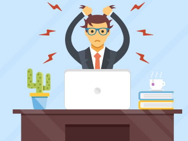 A stressed person at their desk is bombarded with work tools, highlighting stress.