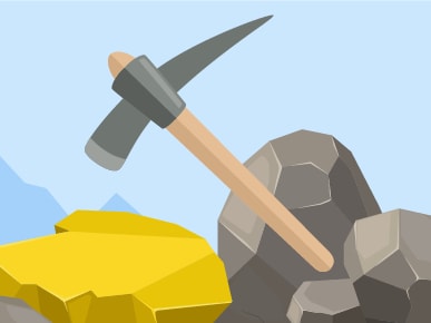 Pickaxe in gray rocks with a yellow rock and blue mountains behind, for medbridge.