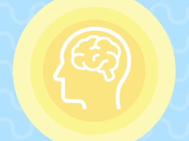 An outline of a head with a brain inside on a yellow circle, set against light blue waves.
