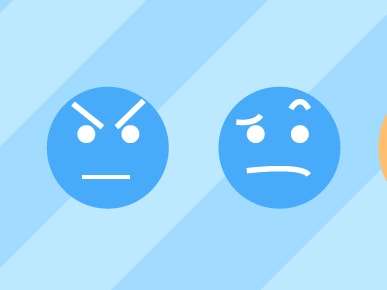 Four blue emoji faces display various emotions, with the happy face highlighted, against a light blue striped background.