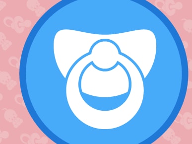 Icon of a white pacifier on a blue circle with a pink background pattern of smaller pacifiers for medbridge.