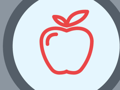 Red apple icon in a dark gray circle, light gray background, medbridge style.