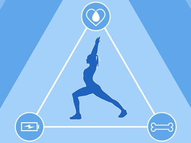 A person in a yoga pose silhouette inside a triangle with medbridge icons for heart, battery, and bone health at each corner.