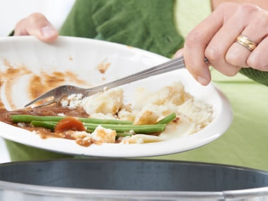Person in a green sweater scraping food scraps from a plate into a trash can.