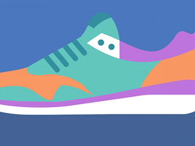 Illustration of a colorful sneaker with turquoise, orange, purple, and white sections on a blue background for medbridge.