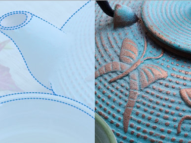 Split image of a teapot sketch with leaves next to a textured blue teapot with butterflies for medbridge.