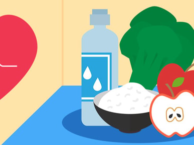Illustration of a heart icon next to healthy food items on a table, including a water bottle, rice bowl, broccoli, and apples.