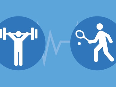Icons of weightlifting and tennis on a blue background with a heartbeat line, representing medbridge.