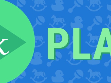 Green play button with "Rx" on left and "PLAY" on right, set against a blue background featuring toy graphics, for medbridge.