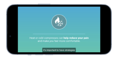 A smartphone showing Medbridge advice on using heat or cold compresses for pain relief.