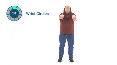 A man does wrist circles with arms forward; a circular progress shows 2 of 9 and "Wrist Circles" text for medbridge exercise.