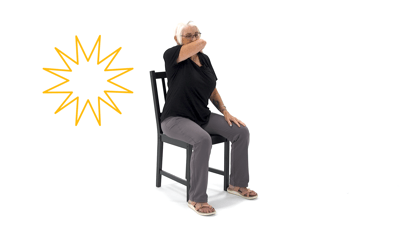 A person with short white hair performs a chest stretch, with a yellow star shape nearby; image for medbridge.