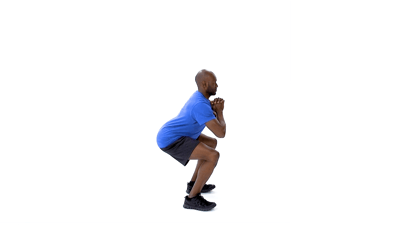 A Medbridge user in a blue outfit squats against a white backdrop.