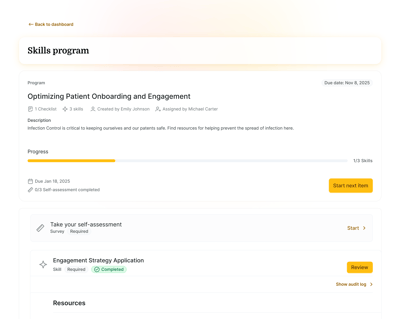 Screenshot of a medbridge skills dashboard for optimizing patient onboarding, showing training progress and self-assessment options.