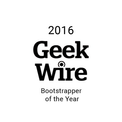 Black and white logo reading "2016 GeekWire Bootstrapper of the Year" awarded to medbridge.