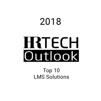 2018 HR Tech Outlook Top 10 LMS Solutions logo, features black text for medbridge.
