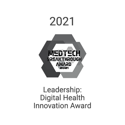 Hexagonal Medbridge Breakthrough Award logo with text: "2021 Leadership: Digital Health Innovation Award.