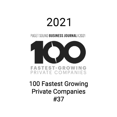 Logo with text: "Puget Sound Business Journal 100 Fastest-Growing Private Companies," featuring the medbridge name in lowercase.