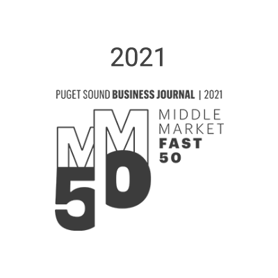 Black-and-white logo for the 2021 Puget Sound Business Journal middle market fast 50 awards, with stylized "MM50", recognizing medbridge.