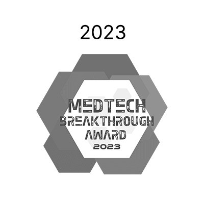 Hexagonal badge displaying "MedTech Breakthrough Award 2023" for medbridge on a white background.