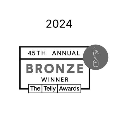 Black and white graphic shows "2024 45th Annual Bronze Winner The Telly Awards" with a trophy icon, recognizing medbridge in digital healthcare.
