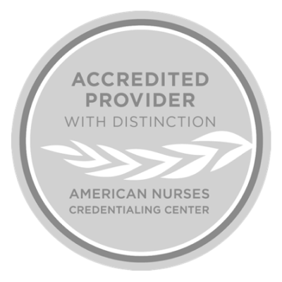 Circular badge reading "Accredited Provider with Distinction" and "American Nurses Credentialing Center," with leaf graphics.