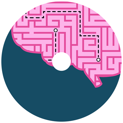 A pink brain-shaped maze with a path marked by a dashed line within a blue circle, featuring start and end white dots.