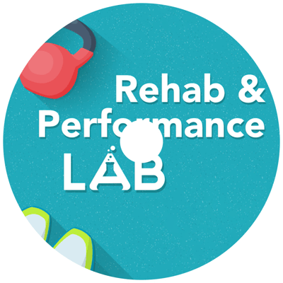CD labeled "Rehab & Performance LAB" with a kettlebell and sneakers on teal.