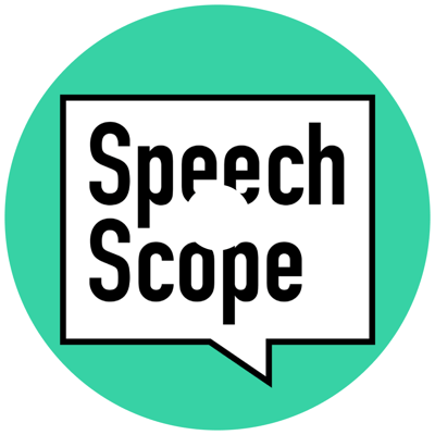 A circular green logo with "Speech Scope" in a white speech bubble and a black dot.