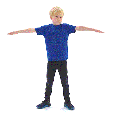 A child in a blue shirt and black pants performs a jumping jack, illustrating medbridge's healthcare education.