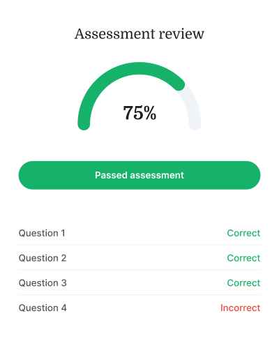 A Medbridge assessment review shows a 75% passing score in green, with three questions correct and one incorrect.