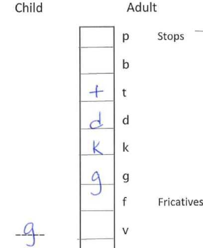 The chart compares child speech sounds like p, b, t, d, k, g with adult stops and fricatives for digital healthcare analysis using Medbridge.