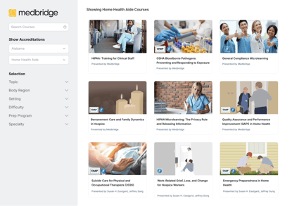 A medbridge page with a list of home health aide courses and filters for state, topic, and accreditation.