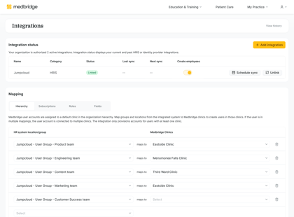 Medbridge integrations page showing "Linked" status and user group to clinic mappings in a dropdown.