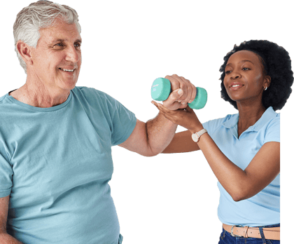 A woman guides an older man in a light dumbbell exercise, highlighting their relaxed Medbridge hybrid care routine.