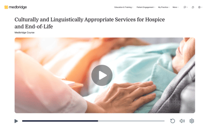 A patient rests in bed while a comforting hand is seen, with a play button for medbridge video.