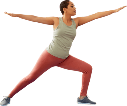 A person in workout clothes does a yoga warrior pose, showing strength and focus for medbridge healthcare training.
