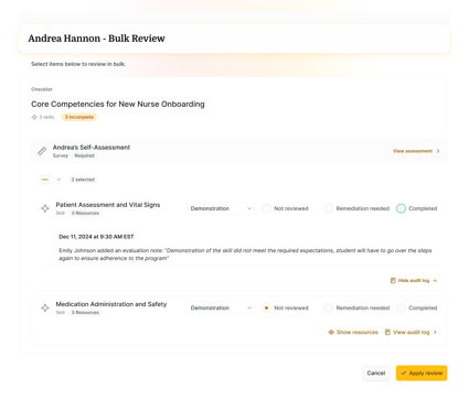 A web page titled "Andrea Hannon - Bulk Review" on medbridge shows a core competencies checklist for new nurse onboarding.