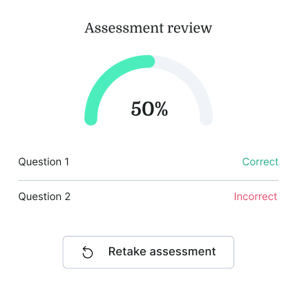 Medbridge assessment review screen with 50% score, Question 1 correct, and retake option available.