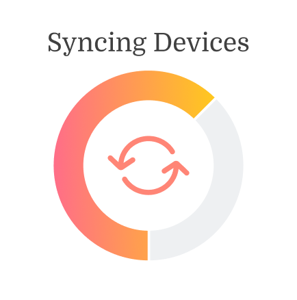 Syncing Devices circular progress graphic with orange-pink gradient ring and central sync icon, from medbridge.