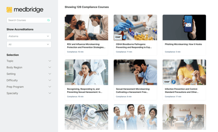 The medBridge interface shows various compliance courses on microlearning, OSHA pathogens, and phishing.