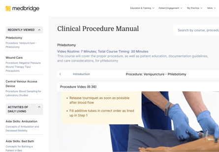 Screenshot of a medbridge course page on phlebotomy with step-by-step venipuncture instructions and a paused video.