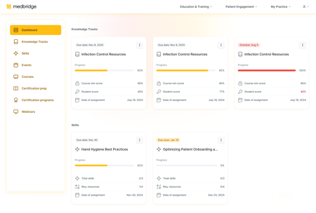 A medbridge dashboard shows healthcare training progress bars, deadlines, assignments, and an overdue infection control alert.