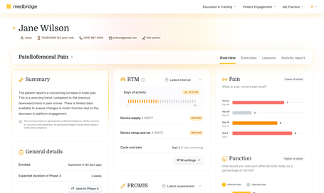 Patient dashboard for Jane Wilson with sections on patellofemoral pain, RTM data, pain levels, details, and function assessment via medbridge.