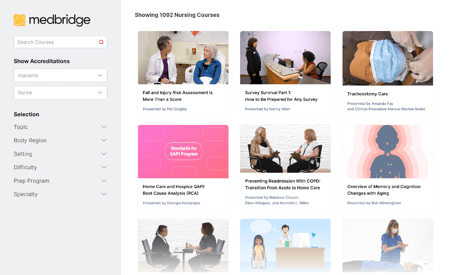 Medbridge nursing courses webpage with filtering options and healthcare thumbnails.