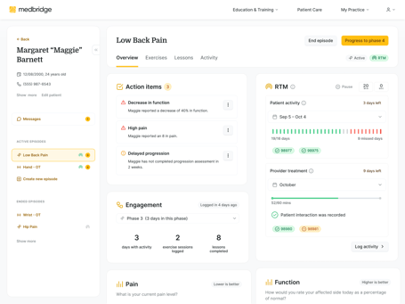Dashboard interface from medbridge displaying a patient's low back pain episode with key stats and updates.