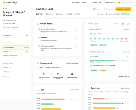Medbridge patient dashboard for Margaret Barnett shows Low Back Pain progress, engagement metrics, and RTM activity.